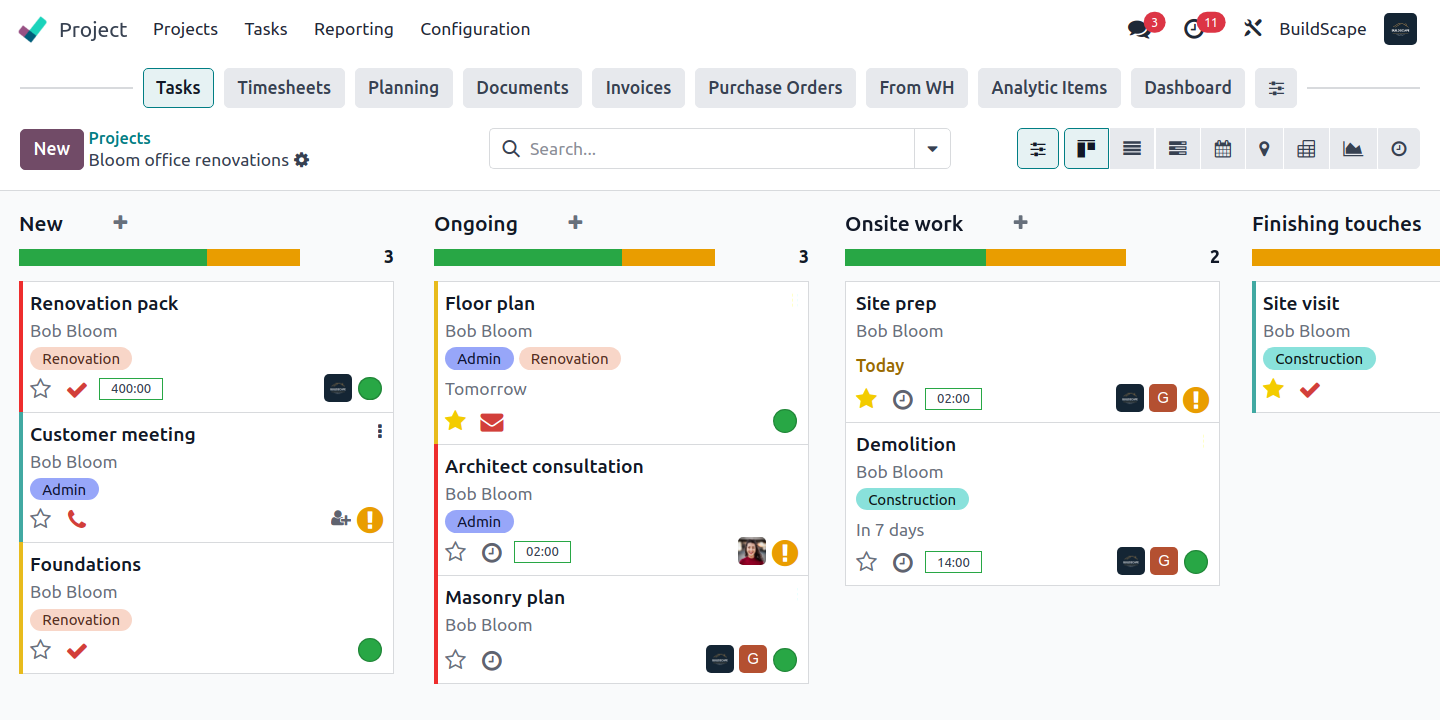 Suivi d'avancement d'un chantier par étapes dans Odoo Projet