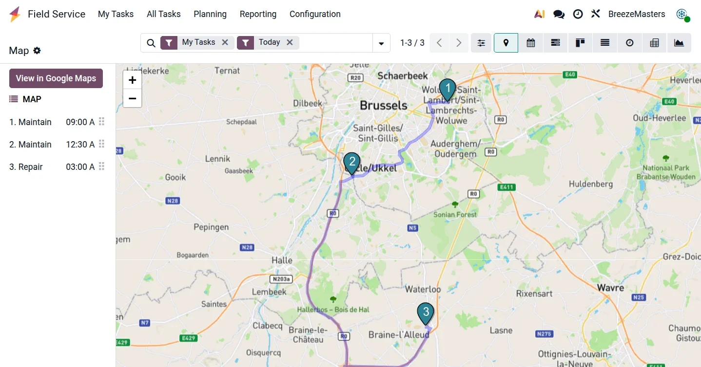 Carte des interventions de la journée et tournée optimisée dans Odoo Field Service