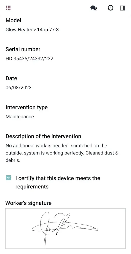 Bon d'intervention rempli et signe par le client sur mobile