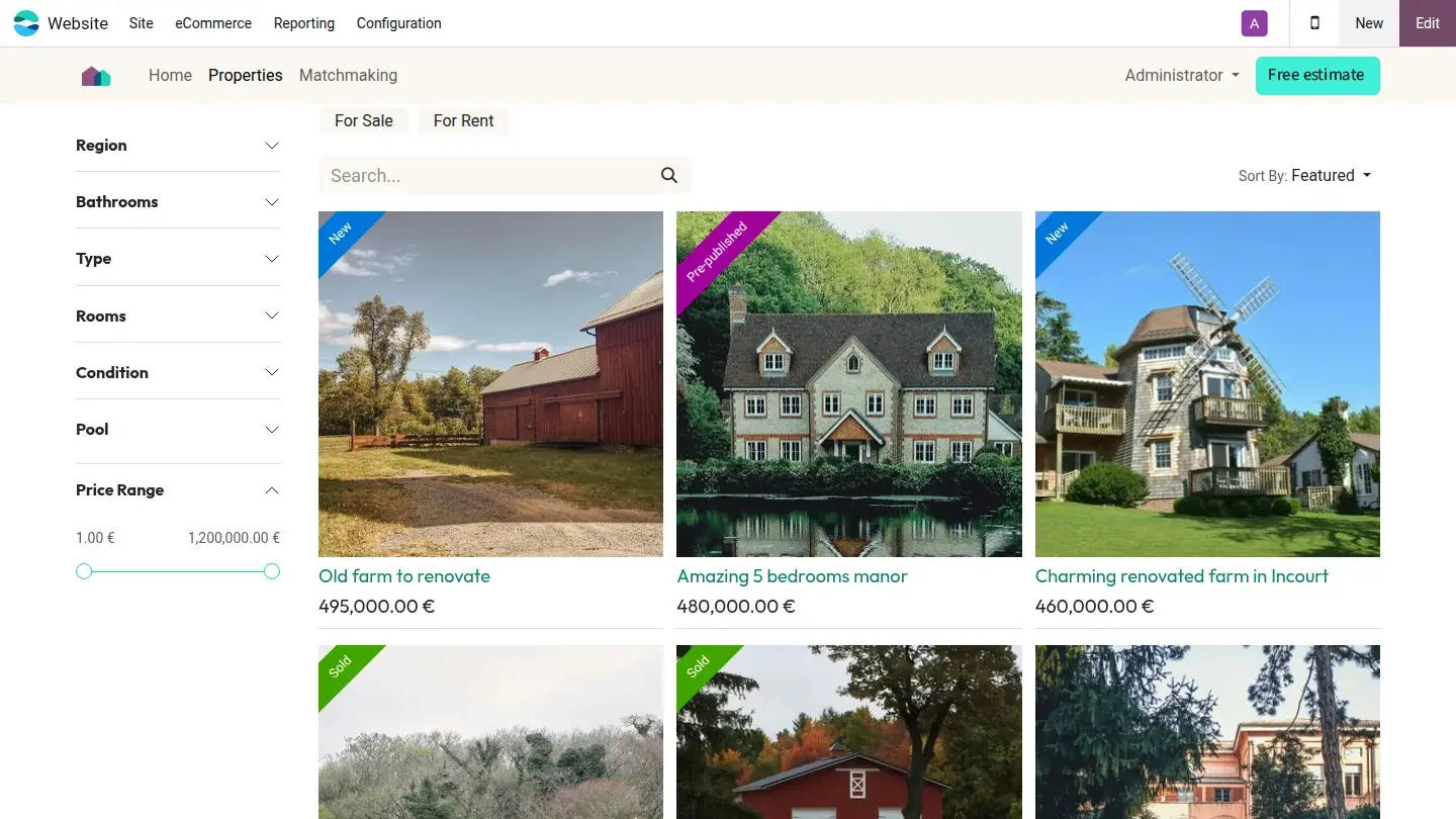 Portefeuille de biens immobiliers avec photos et caracteristiques
